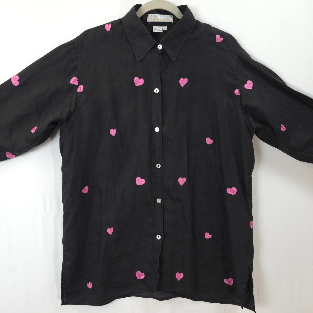 Casey Coleman Linen Button Front Shirt Black Pink Heart Embroidered L Coquette